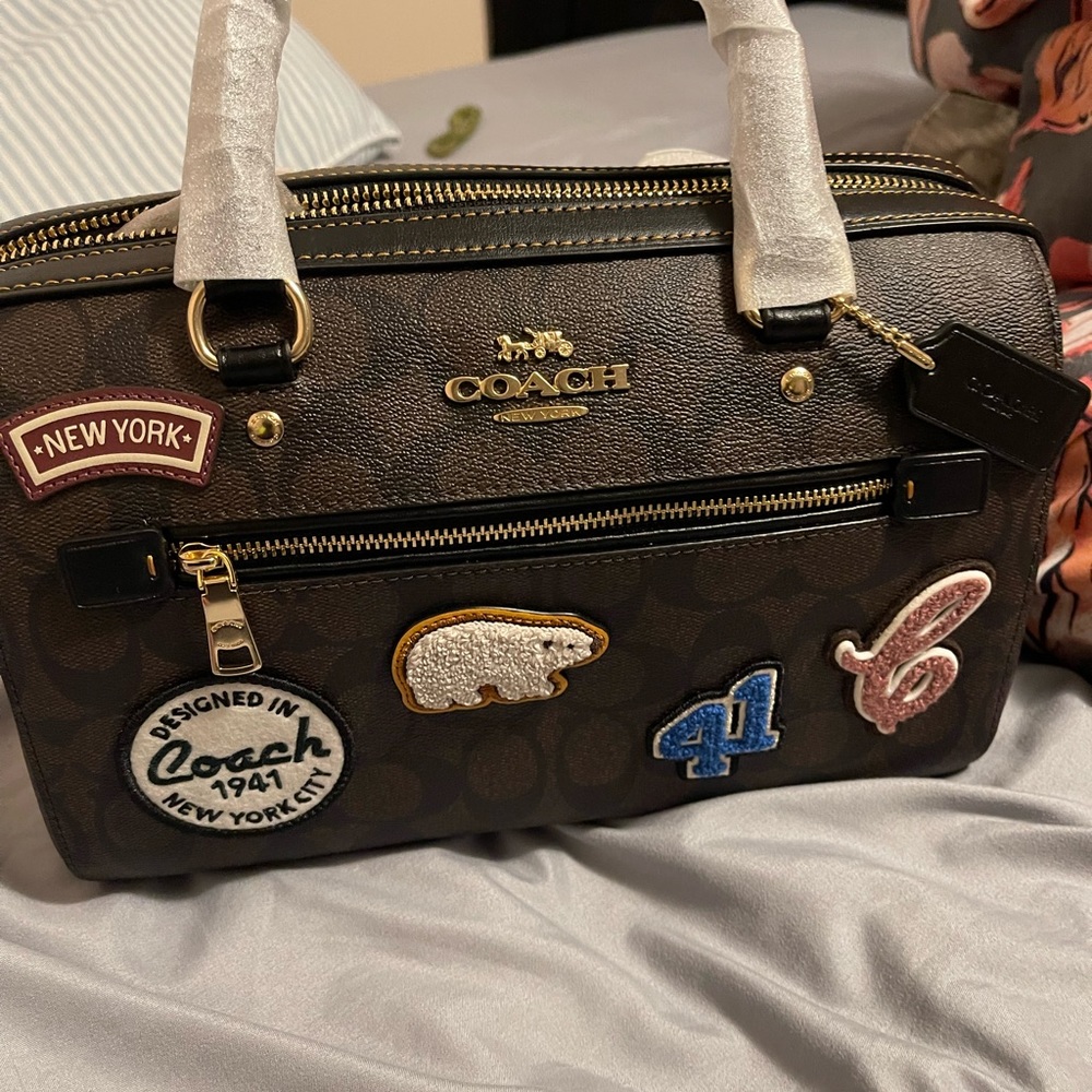 NWT Coach CE592 Rowan Satchel In Signature Canvas With Ski Patches CE678 Wallet